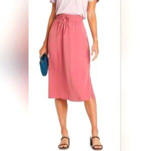 A New Day Pink Midi Skirt – Size Large, Elastic Tie Waist, Side Split, Flowy